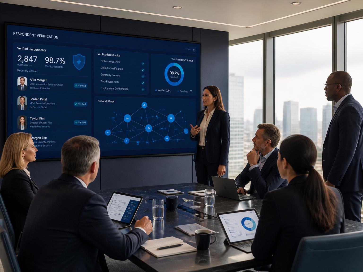 Cybersecurity research team reviewing verified respondent data